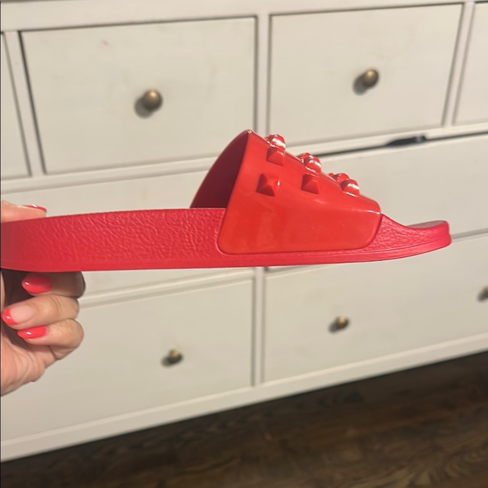 Red Studded Slide Sandals